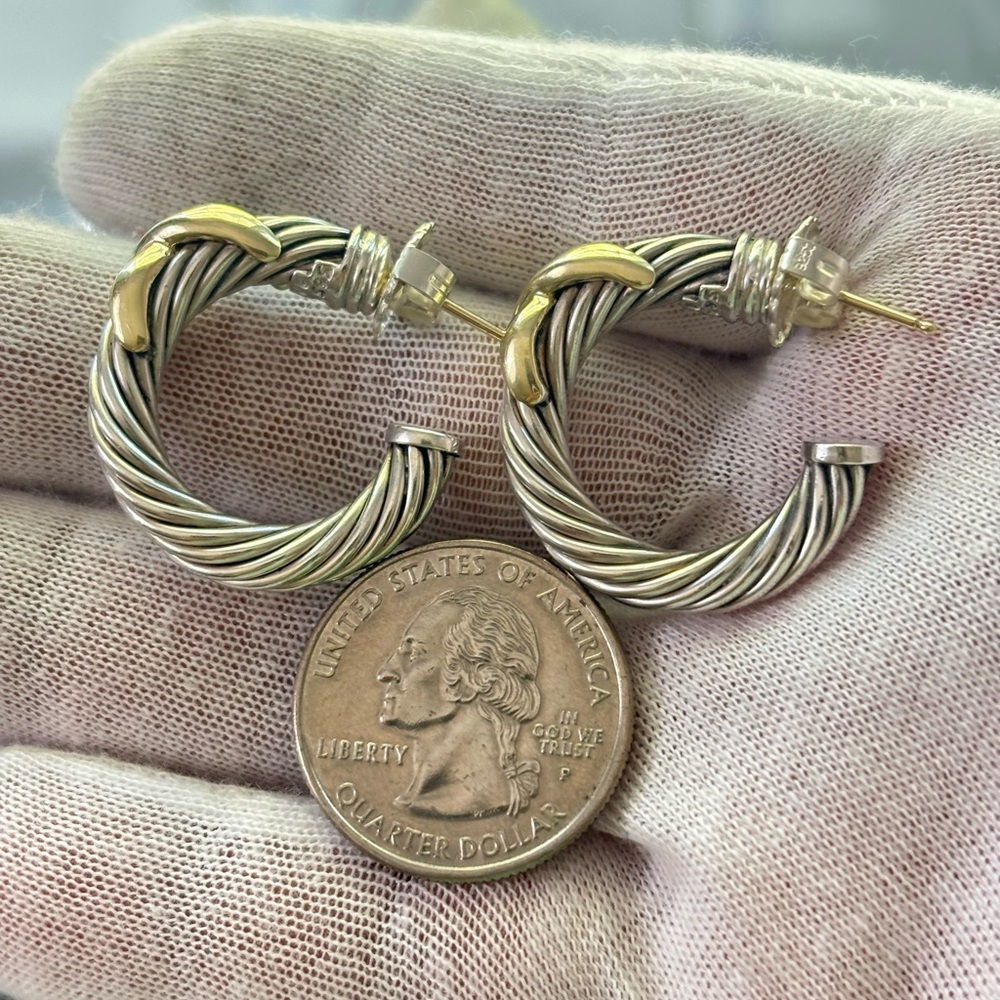 David Yurman 925 & 14k Gold Signature X Hoop Earrings 1" - Picture 4 of 8